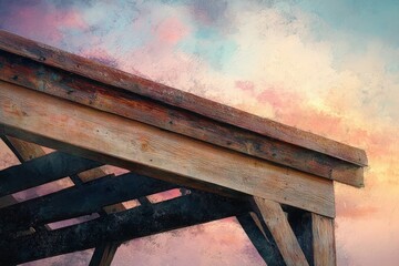 Fototapeta premium Rustic wooden structure's weathered roof against a painted sky.