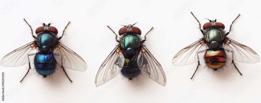 Poster close-up view of colorful flies displaying vibrant iridescent patterns on their bodies and wings aga