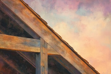 Obraz premium Rustic wooden roof structure against a painted sky.