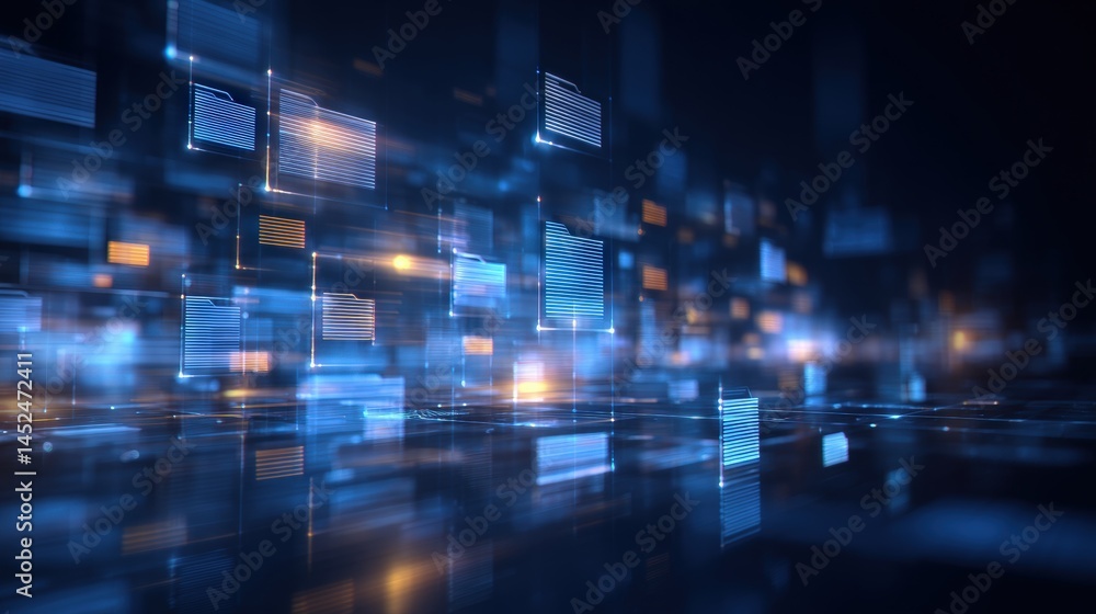 Poster abstract network grid with files and folders, futuristic software interface, digital document manage