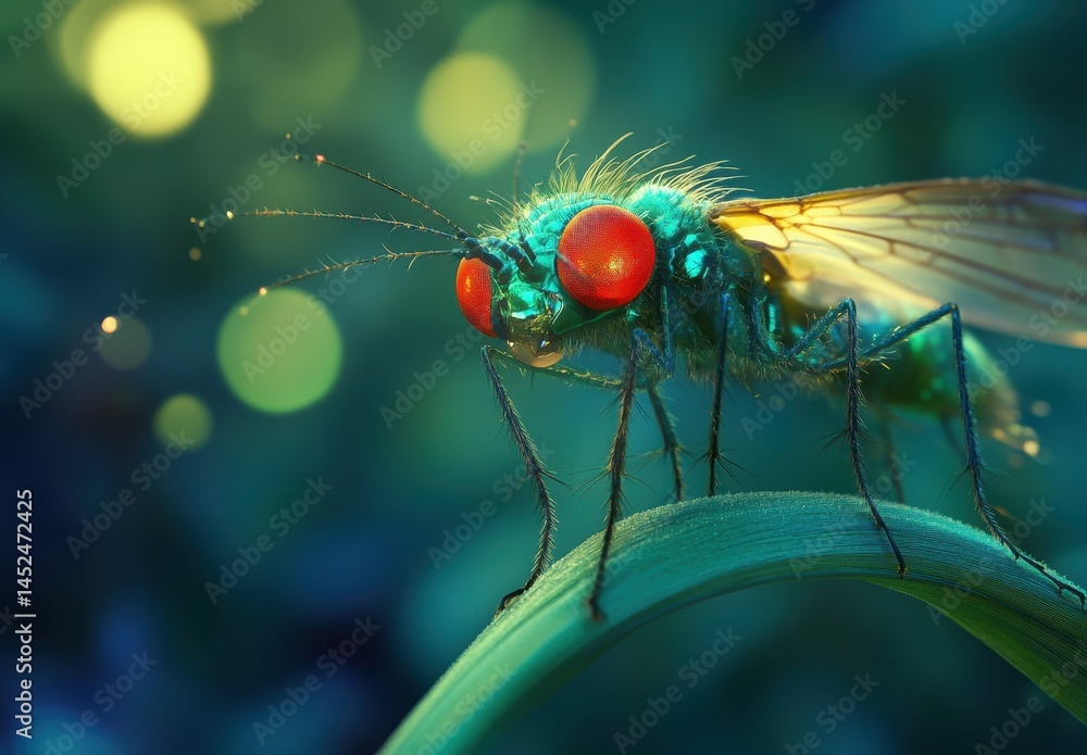 Poster close-up view of colorful fly with vibrant red eyes and detailed texture on green leaf against seren