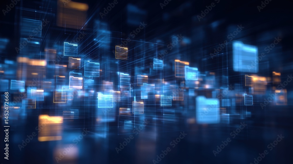 Poster abstract network grid with files and folders, futuristic software interface, digital document manage