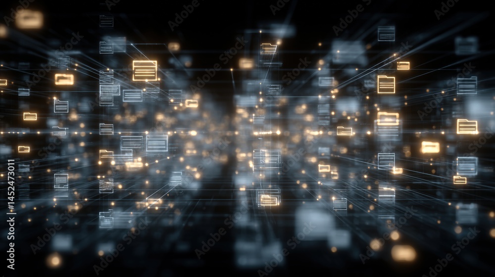 Poster abstract network grid with files and folders, futuristic software interface, digital document manage