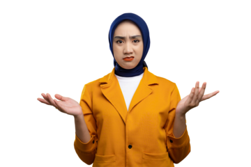 Confused young Asian woman raising hands and shrugging shoulders, making I don't know gesture isolated on transparent background