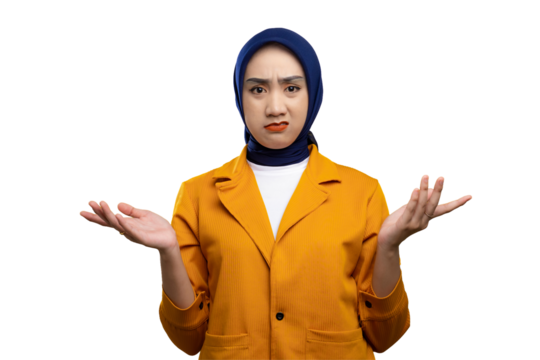Confused young Asian woman raising hands and shrugging shoulders, making I don't know gesture isolated on transparent background