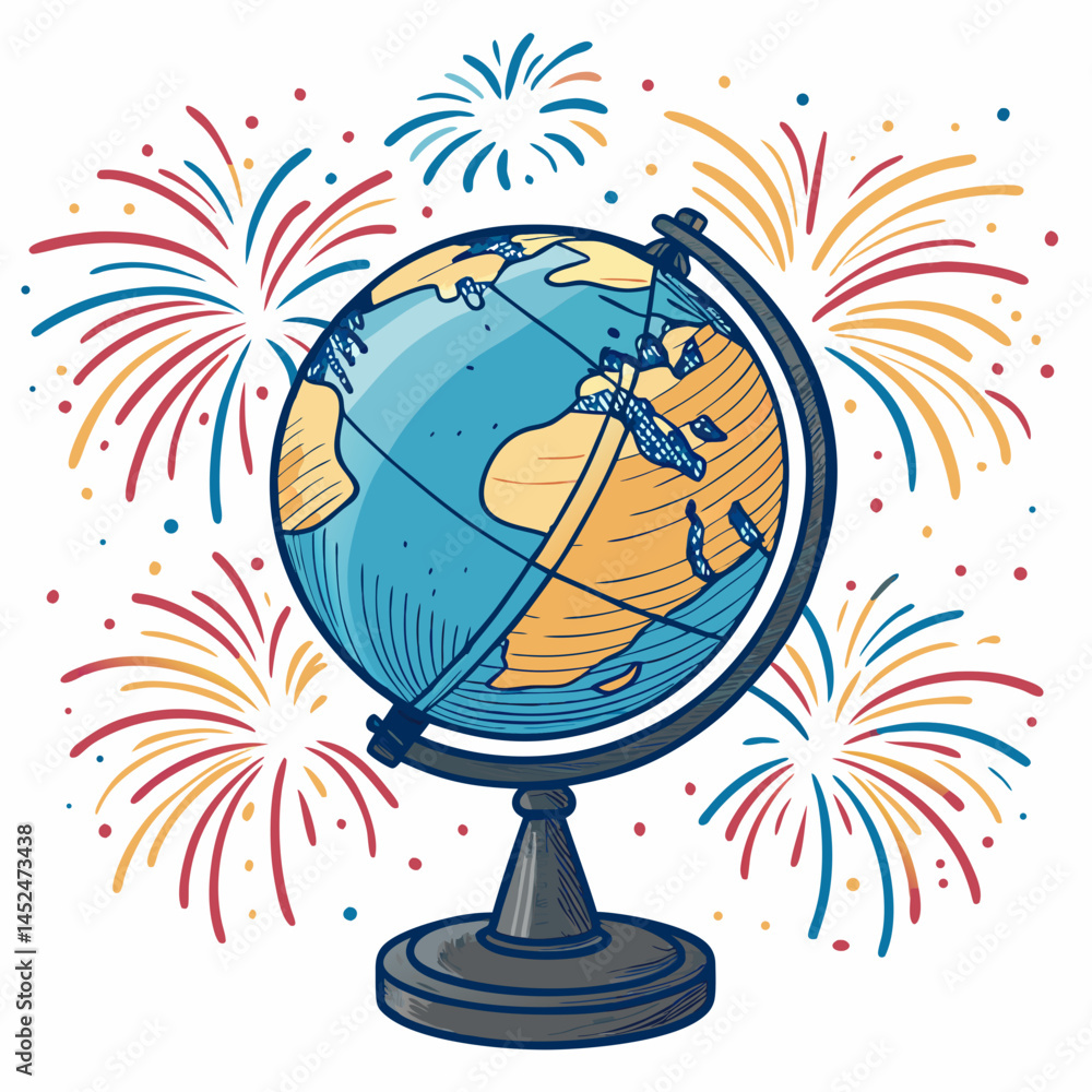 Poster create a bold vector illustration of a globe encircled by exploding fireworks, emphasizing strong ou