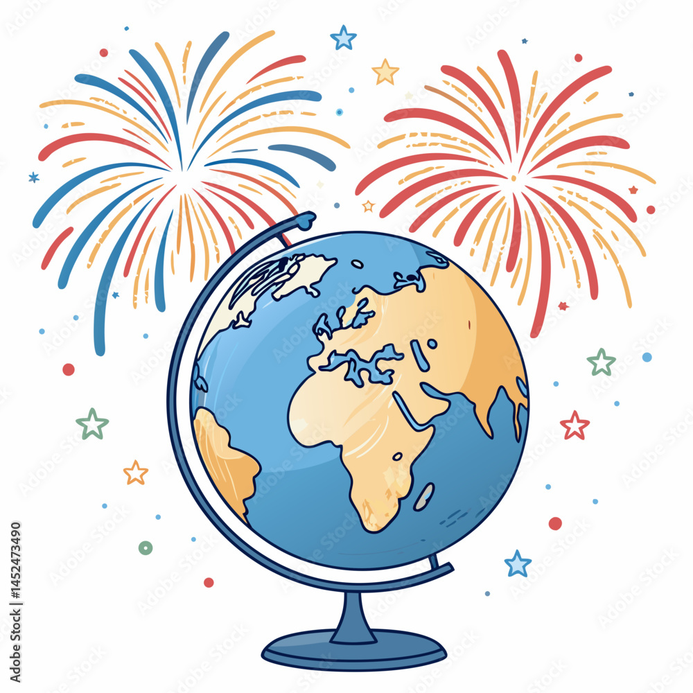 Poster create a bold, vector illustration of a globe encircled by exploding fireworks. the style should be 