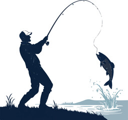 Fisherman Catching a Fish Silhouette Illustration