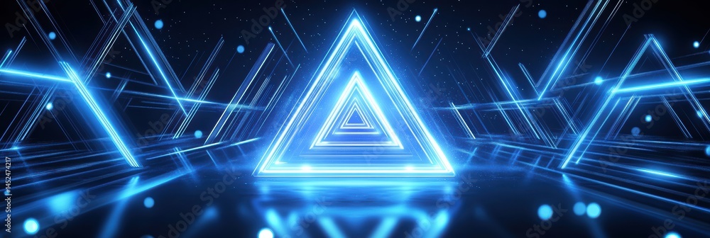 Poster Glowing triangle geometric shapes create an abstract background with dynamic light effects