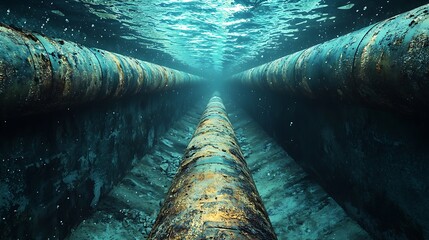 Underwater Industrial Pipeline Infrastructure Rusted Pipes and Deep Ocean Trench