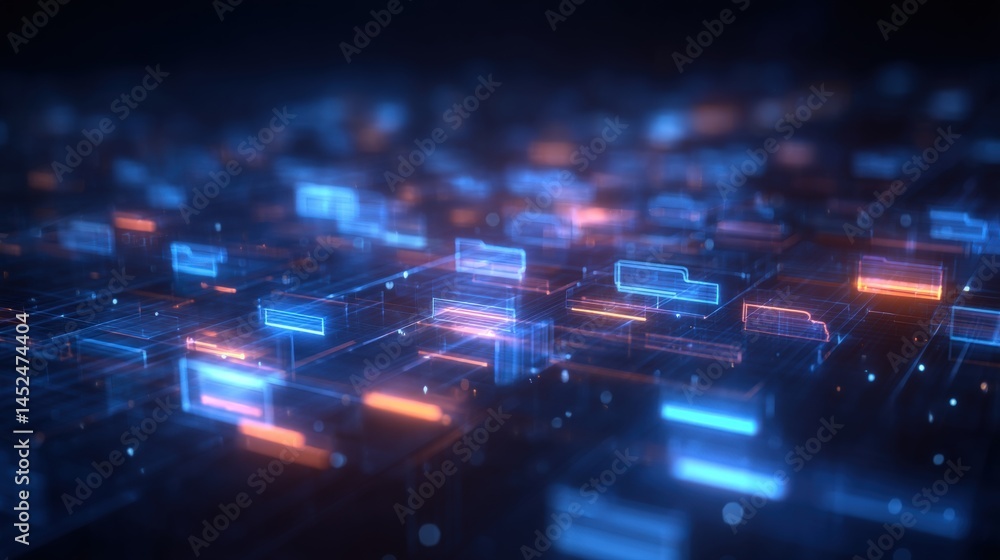 Poster abstract network grid with files and folders, futuristic software interface, digital document manage
