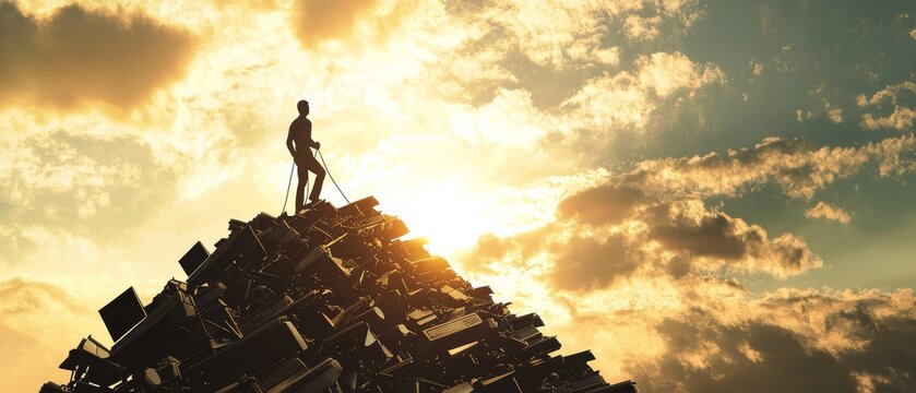 Silhouette climbing mountain made of office desks symbolizing career struggle perseverance and resilience epic sky concept