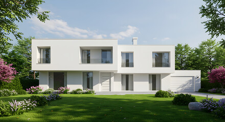 Modernist Architecture Gleaming White Villa In Verdant Setting Under Sky