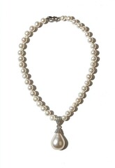 A classic pearl necklace with a teardrop pendant, displayed gracefully against a white background