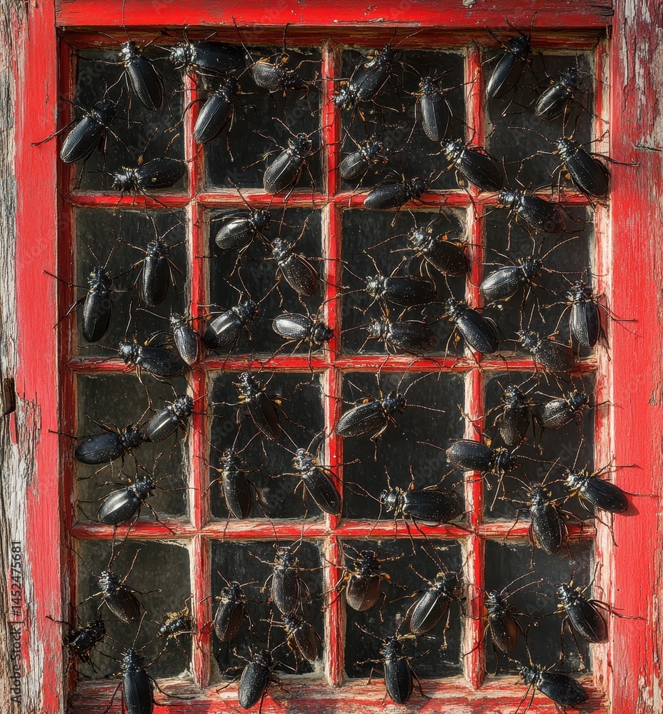Poster close-up view of many black insects on a weathered red wooden window pane creating an unusual and in