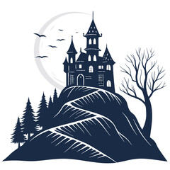 Create a vector illustration of a bold-stroked, haunted castle silhouetted against a full moon, emphasizing spooky details.