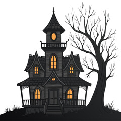 Design a bold, vector silhouette of a haunted house with thick black strokes, emphasizing spooky details like gables and windows.