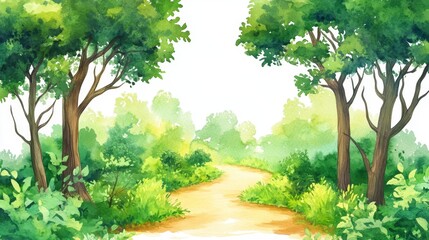 Winding Path Through Lush Greenery - Serene watercolor painting of a winding path through a vibrant green forest, perfect for nature-themed projects