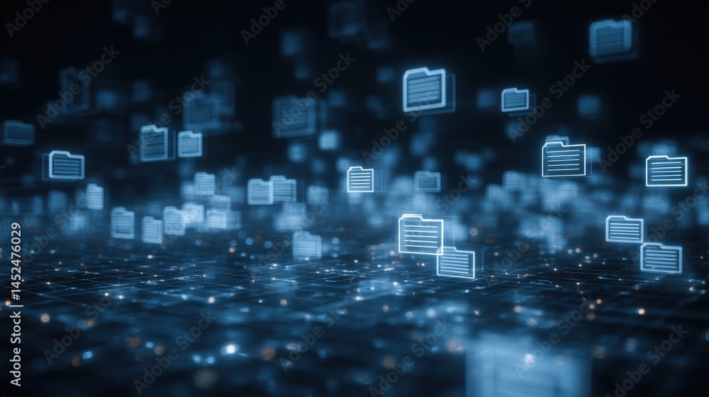 Poster abstract network grid with files and folders, futuristic software interface, digital document manage
