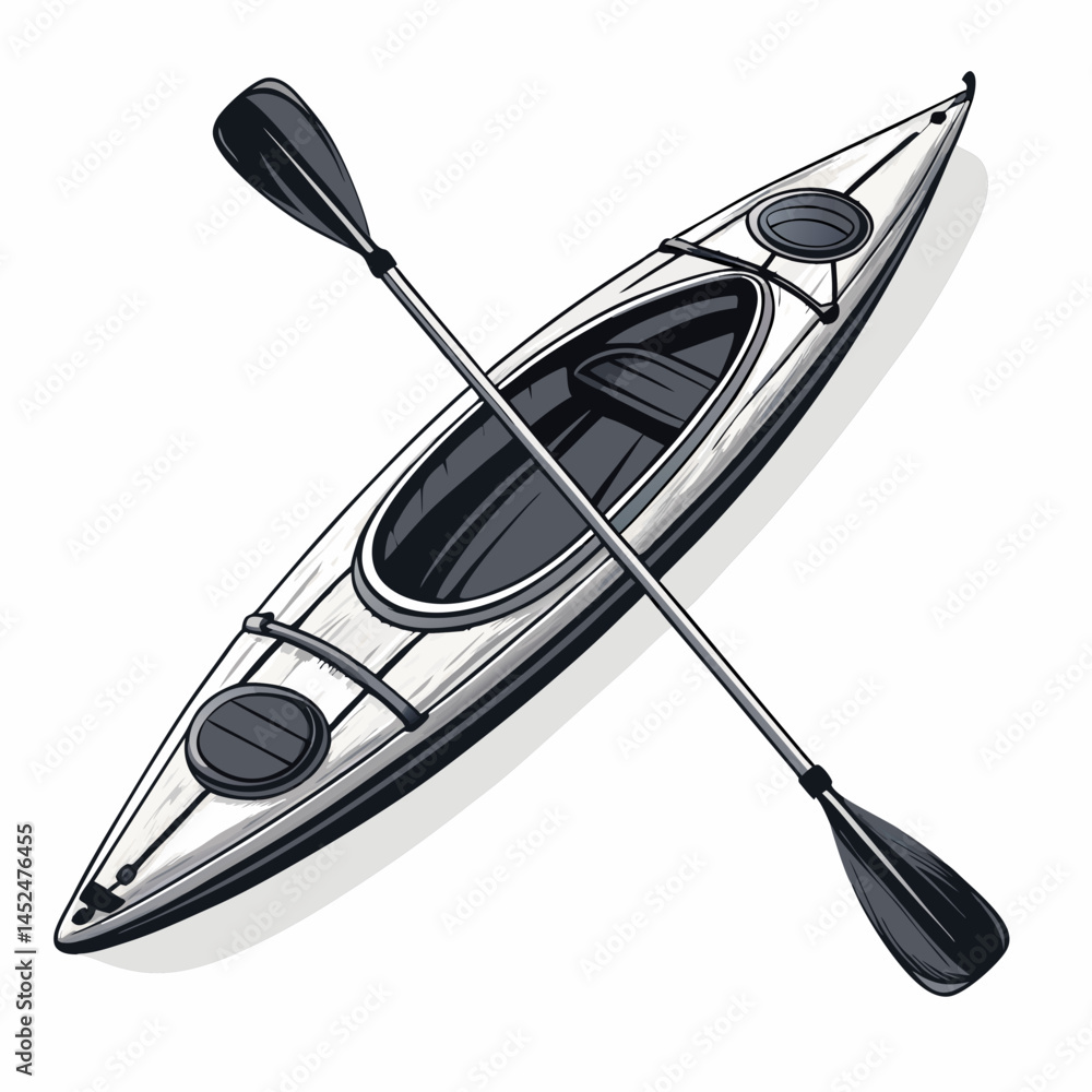 Poster create a bold, vector illustration of a kayak and paddle, emphasizing strong outlines and sharp line