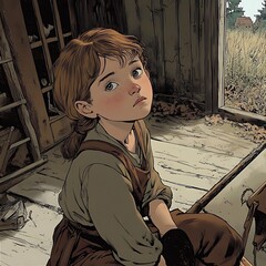 Young Girl in Rustic Barn, Pensive Expression, Thoughtful Pose, Illustration