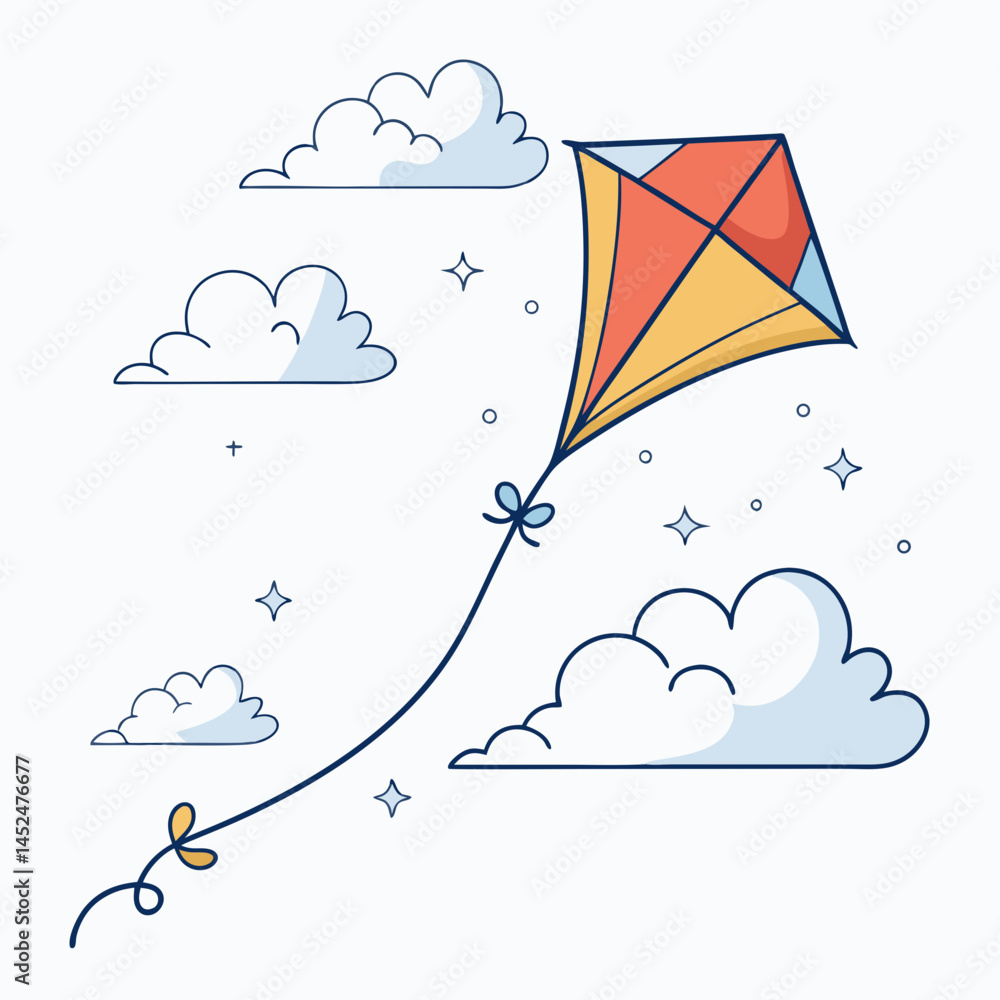 Poster create a bold vector illustration of a kite soaring dynamically in a clear blue sky. include strong,