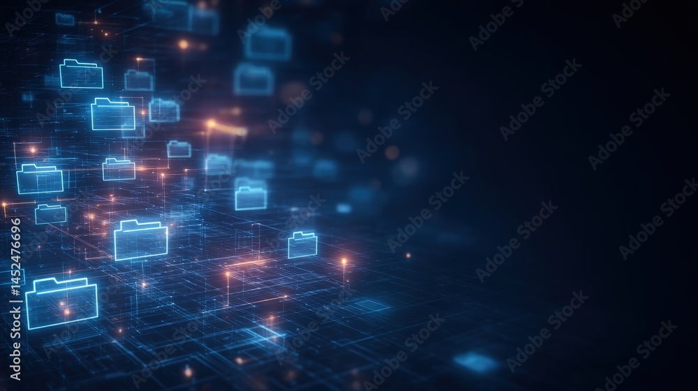 Poster abstract network grid with files and folders, futuristic software interface, digital document manage