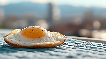Fried Egg with Golden Yolk on a Textured Surface with City Background
