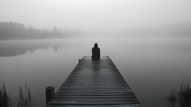 Contemplative solitude: A person seated on a wooden pier amidst tranquil misty waters