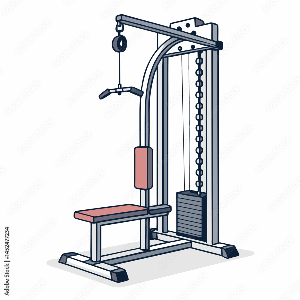 Poster create a bold, vector illustration of a lat pulldown machine, emphasizing its metallic structure and