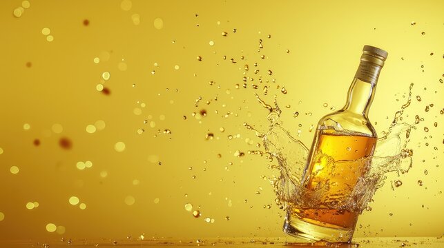 A classic whiskey bottle and an elegant glass with whiskey splashing dramatically