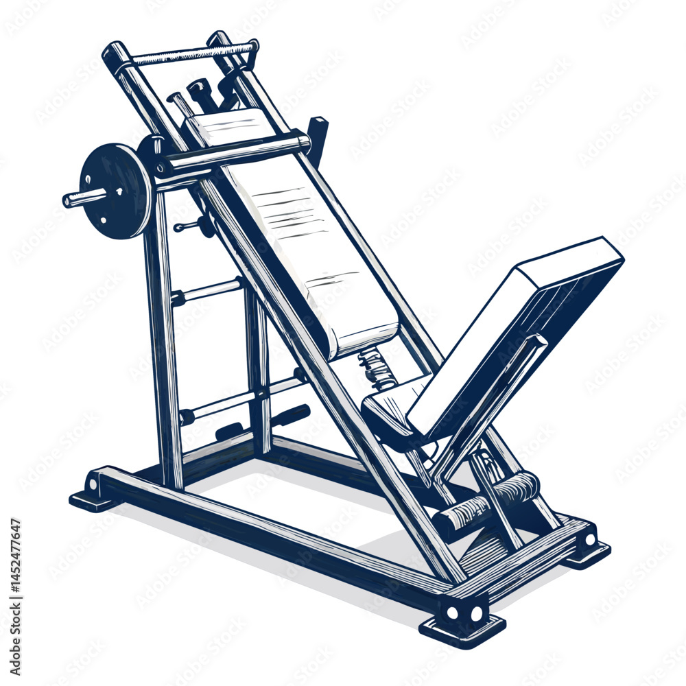 Poster create a bold, vector illustration of a leg press machine, emphasizing its strong, metallic structur