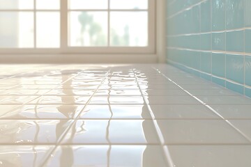 Glossy White and Blue Tiled Floor with Sunlight Reflection