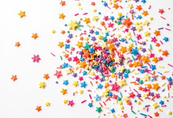 Fototapeta premium Rainbow star sprinkles scattered on white background, pastel, multi colored