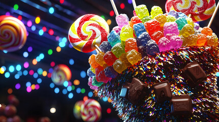 Colorful, decadent milkshake topped with a mountain of gummy bears, lollipops, and chocolate shavings.  A vibrant, festive drink, perfect for a celebration