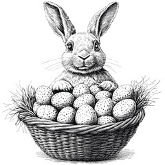 Old engraving style Easter Bunny, hand drawn basket with eggs, vintage rabbit art, woodcut line drawing, traditional illustration, antique spring holiday image, retro bunny vector