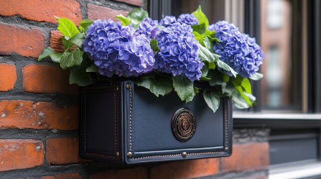 Stylish hydrangea planter on brick wall - Powered by Adobe