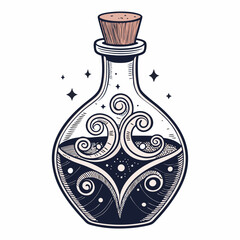 Design a bold, vector illustration of a love potion bottle with a thick stroke, emphasizing vintage style.  Include ornate details.