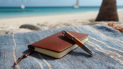Travel wellness getaways beach relaxation A journal and pen on a beach mat by the shore.