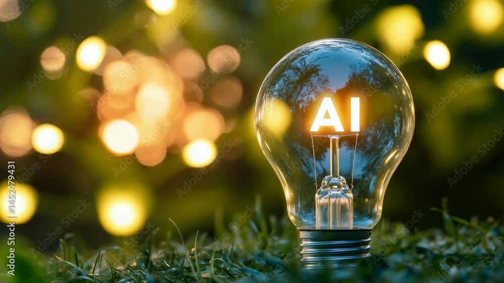 Poster illuminated ai light bulb in nature with glowing bokeh enhancing technological innovation