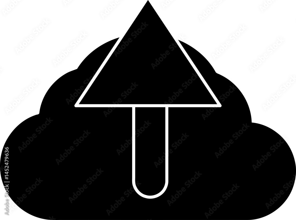 Poster upload icon - black and white/transparent cloud with up arrow symbol - vector data transfer icon