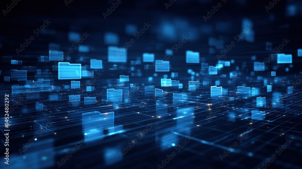 Poster abstract network grid with files and folders, futuristic software interface, digital document manage