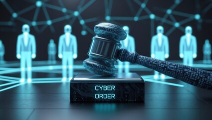 Digital gavel on a platform with text "CYBER ORDER" in a futuristic setting representing cyber law and justice