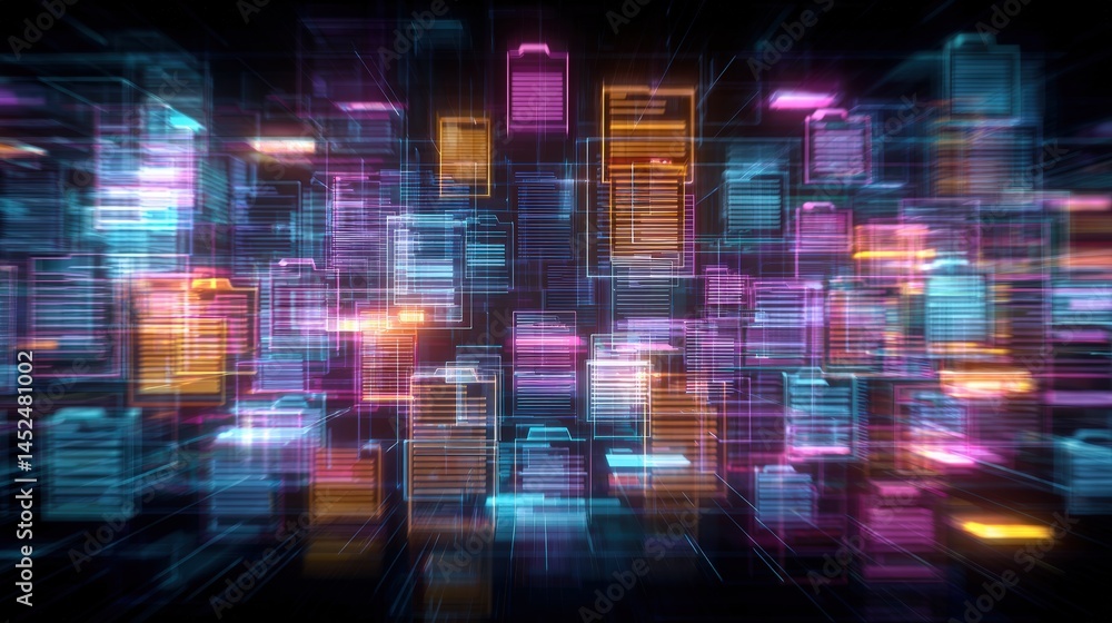 Poster abstract network grid with files and folders, futuristic software interface, digital document manage