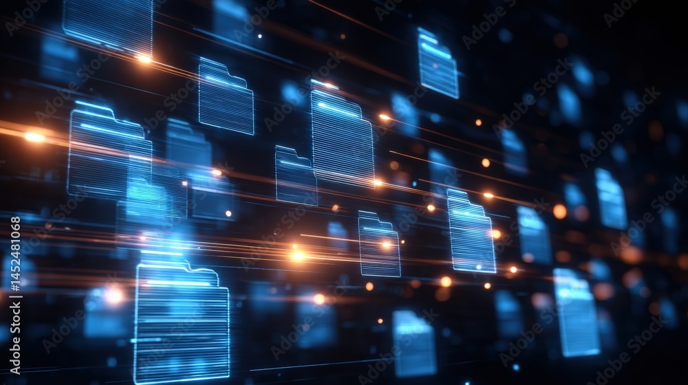 Poster abstract network grid with files and folders, futuristic software interface, digital document manage