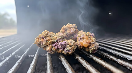 Vibrant cannabis nugs smoldering atop a charcoal grill grate with rising smoke