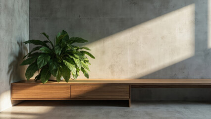 Modern interior design with plant and wooden furniture in natural light