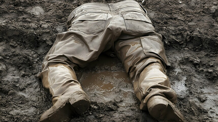 Muddy obstacle course participant covered in dirt, legs and boots submerged