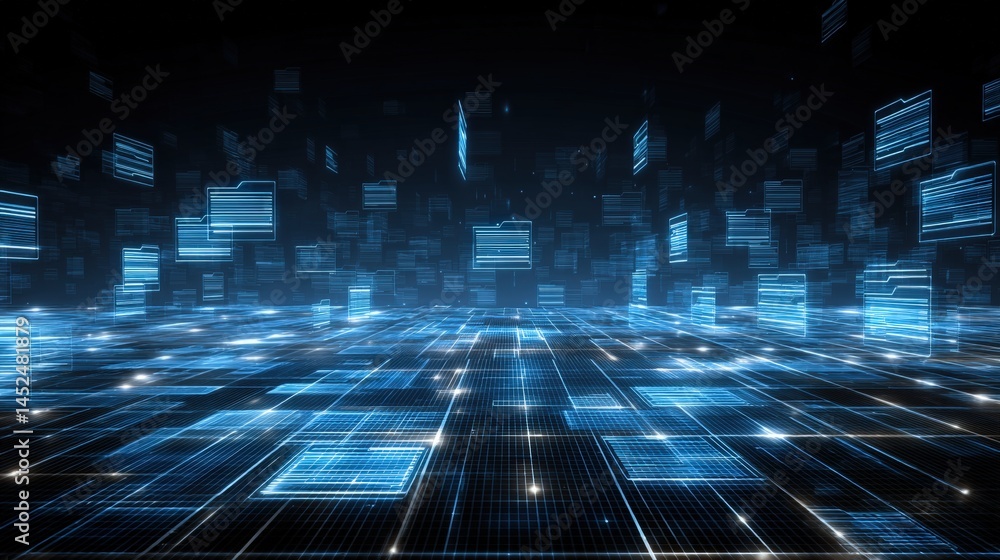Poster abstract network grid with files and folders, futuristic software interface, digital document manage