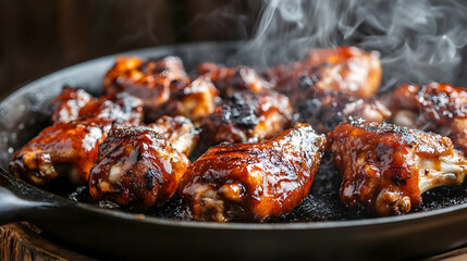 Smoked chicken wings seasoned with chili barbecue sauce in cast iron pan
